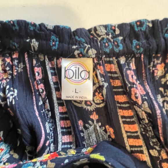 BILA Boho Midi Dress Womens Large Navy Floral Smocked Tasseled Peasant Folk - Picture 8 of 11